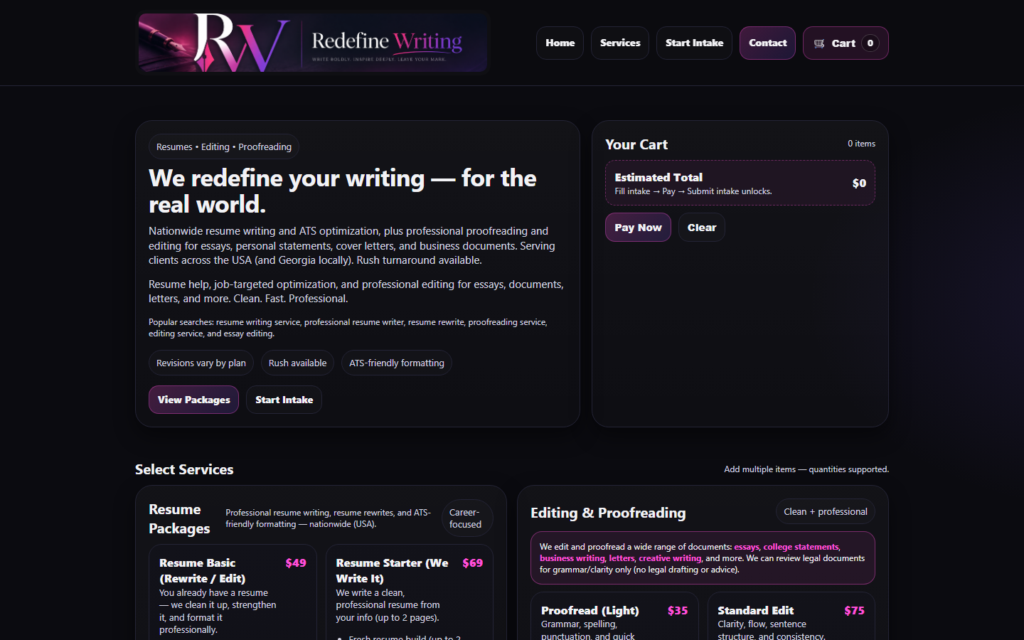 Redefine Writing homepage preview